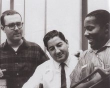 Joe Morello, Teo Macero (producer) and Eugene Wright at Columbia Recording Studios. 